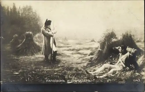 Künstler Ak Napoleon Bonaparte auf dem Feld, Soldat, Strohgarben