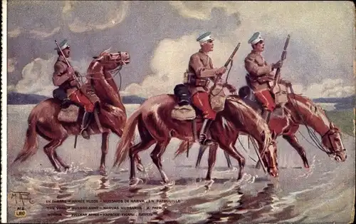 Künstler Ak Russische Soldaten, Kavallerie, Pferde, Hussards de Narva