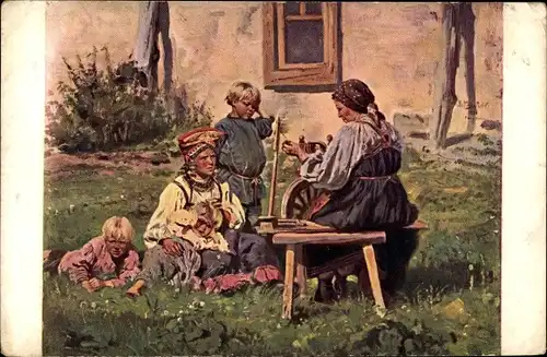 Künstler Ak Makowski, Frauen und Kinder in russischen Trachten, Spinnrad