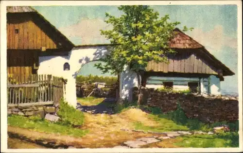 Künstler Ak Pavlik, A. K., Dorfidyll, Wohnhaus, Tor, Zaun