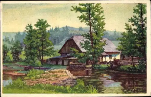 Künstler Ak Pavlik, A. K., Dorfidyll, Wohnhaus, Fluss, Bäume