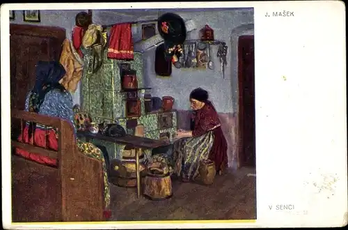 Künstler Ak Masek, J., Wohnstube, Bauern, Tschechische Tracht, Ofen