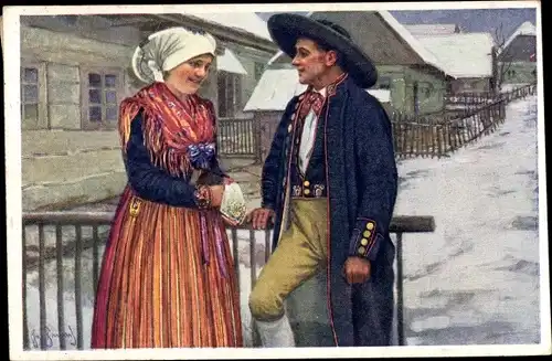 Künstler Ak Strnad, J., Liebespaar in tschechischer Volkstracht