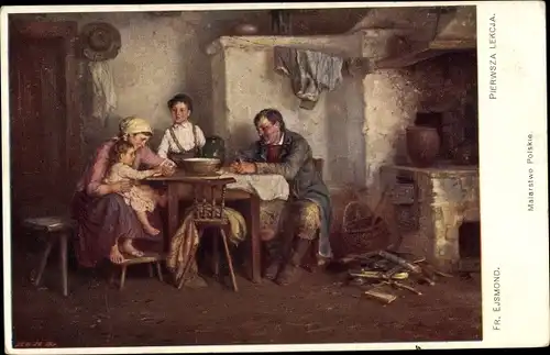 Künstler Ak Ejsmond, F., Die erste Lektion, Bauern, Familie am Tisch