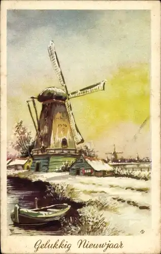 Ak Glückwunsch Neujahr, Windmühle, Winterszene, Ruderboot