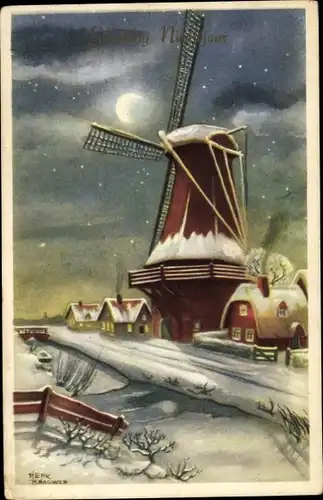 Mondschein Künstler Ak Brouwer, Henk, Glückwunsch Neujahr, Windmühle im Winter
