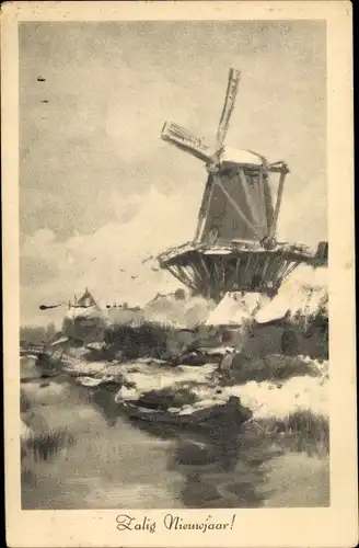 Ak Glückwunsch Neujahr, Windmühle, Fluss, Ruderboot