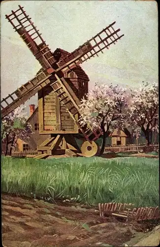 Litho Windmühle, Wiese, Blühende Bäume, Feld