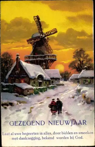 Ak Glückwunsch Neujahr, Windmühle, Liebespaar, Wohnhäuser, Winterszene