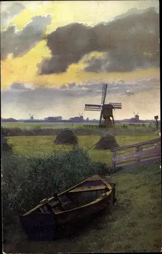 Ak Windmühle, Wiese, Heu, Ruderboot