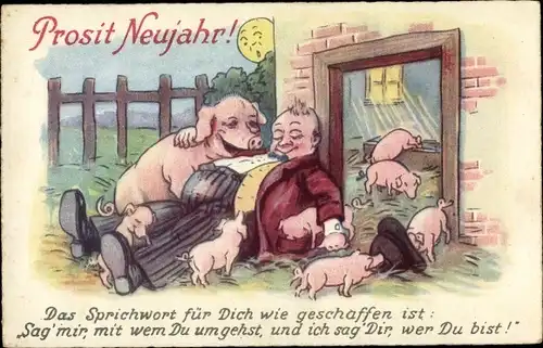 Ak Glückwunsch Neujahr, Schlafender Bauer, Schweine, Mond, Schweinestall