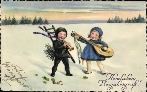 Ak Glückwunsch Neujahr, Kinder, Schornsteinfeger, Musikinstrument