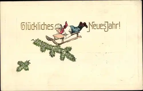 Präge Ak Glückwunsch Neujahr, Kind, Schlitten, Tannenzweig