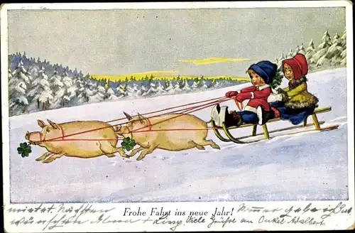 Ak Glückwunsch Neujahr, Kinder, Schlittenfahrt, Schweine, Glücksklee
