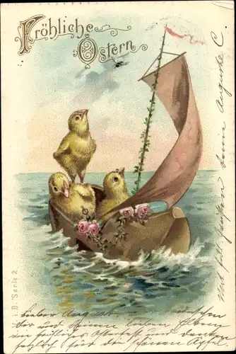 Litho Frohe Ostern, Küken, Segelboot aus einem Holzschuh