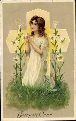 Präge Ak Glückwunsch Ostern, Betendes Mädchen, Blumen, Kreuz