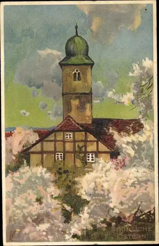 Künstler Ak Glückwunsch Ostern, Kirche, Blühende Bäume