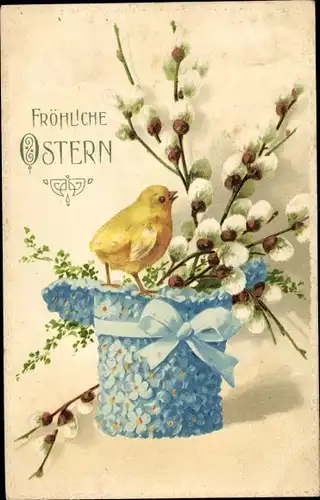 Präge Ak Glückwunsch Ostern, Küken, Weidenkätzchen, Hut aus Veilchen