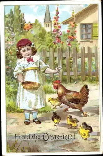 Ak Glückwunsch Ostern, Mädchen füttert Hühner