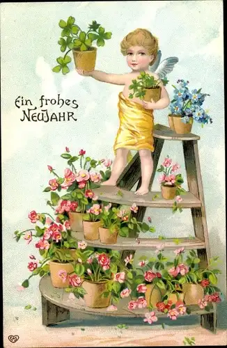 Ak Glückwunsch Neujahr, Engel, Blumen, Vergissmeinnicht, Glücksklee
