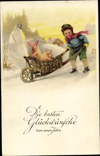 Ak Glückwunsch Neujahr, Junge mit Schubkarre, Schweinchen, Schneemann
