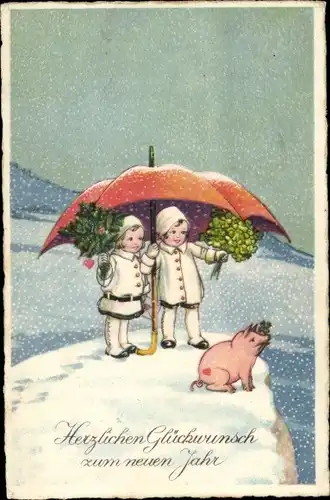 Ak Glückwunsch Neujahr, Kinder unter einem Schirm, Glücksklee, Schwein
