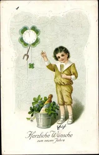Präge Ak Glückwunsch Neujahr, Kind, Sektflasche, Glücksklee, Uhr