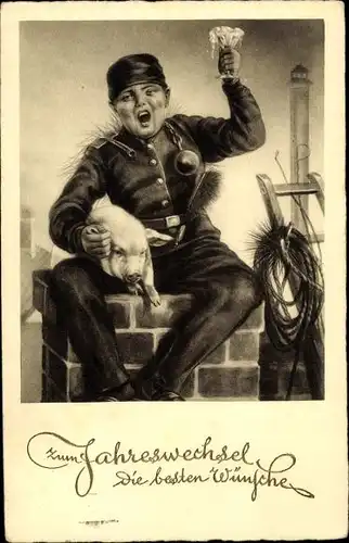 Ak Glückwunsch Neujahr, Schornsteinfeger, Schwein, Sektglas