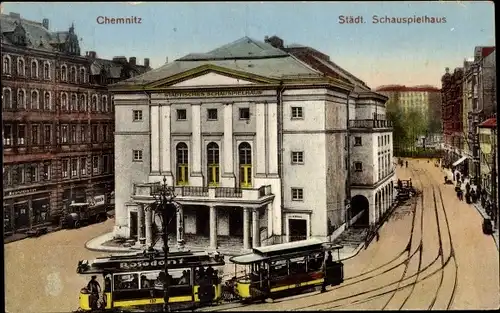 Ak Chemnitz in Sachsen, Städt. Schauspielhaus, Straßenbahn