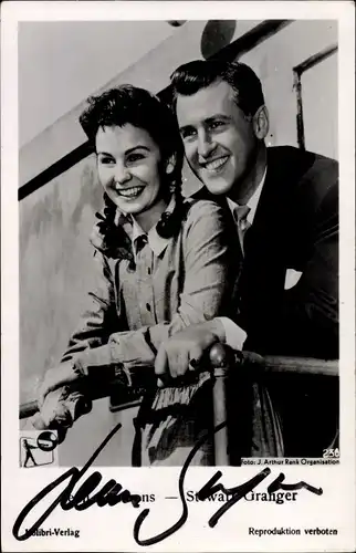 Foto Schauspielerin Jean Simmons und Stewart Granger, Portrait, Autogramm