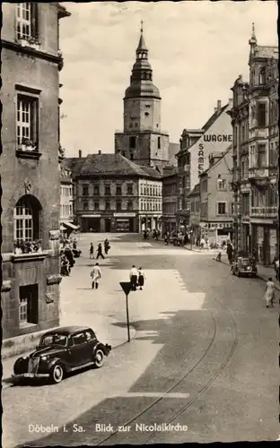 Ak Döbeln Sachsen, Straßenpartie mit Nicolaikirche