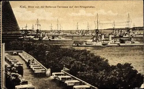 Ak Kiel, Blick von der Bellevue-Terrasse, Kriegshafen, Schiffe