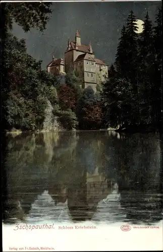 Ak Kriebstein Sachsen, Schloss Kriebstein vom Zschopautal gesehen, Mondlicht, Nacht