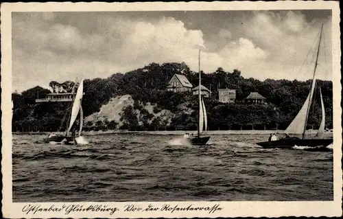 Ak Glücksburg an der Ostsee, Vor der Rosenterrasse, Segelboote