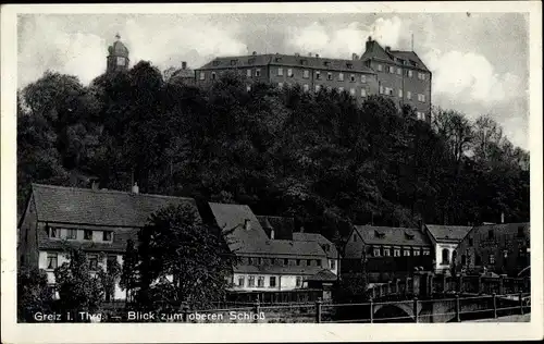 Ak Greiz in Thüringen, oberes Schloss, Wohnhäuser, Brücke, Konditorei Richard