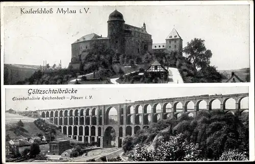 Ak Mylau Reichenbach Vogtland, Kaiserschloss, Göltzschtalbrücke