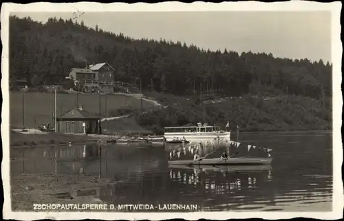 Foto Ak Lauenhain Mittweida, Wirtschaft Zschopautalsperre, Kanu, Anleger mit Boot