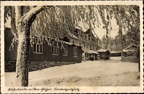 Ak Ober Holzau Rechenberg Bienenmühle Erzgebirge, Fischerbaude im Winter