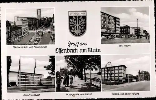 Wappen Ak Offenbach am Main Hessen, Kaiserstraße, Markt, Paulskirche, Landratsamt, Schloss