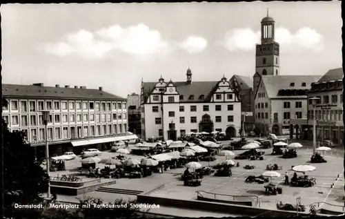 Ak Darmstadt in Hessen, Marktplatz, Rathaus, Stadtkirche