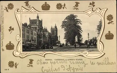 Passepartout Ak Bristol Südwestengland, Kathedrale, Statue der Königin