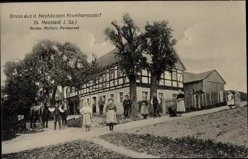Ak Neuhäusern Krumhermsdorf Neustadt in Sachsen, Restaurant von Gustav Michel, Anwohner, Pferde