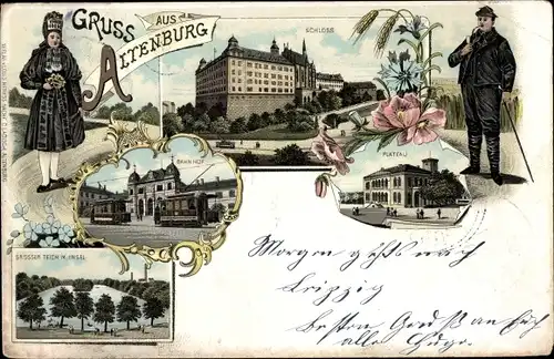 Litho Altenburg in Thüringen, Trachten, Schloss, Bahnhof, Großer Teich mit Insel