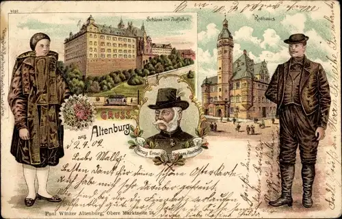 Litho Altenburg in Thüringen, Schloss, Rathaus, Trachten