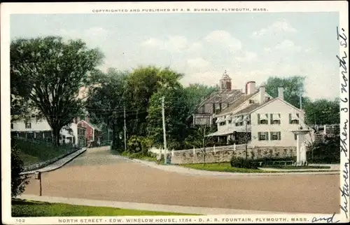 Ak Plymouth Massachusetts USA, North Street, Edw Winslow House, 1764, DAR-Brunnen