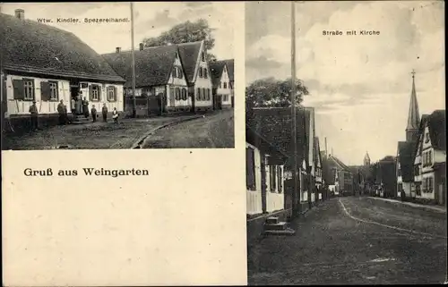 Ak Weingarten in der Pfalz, Spezereienhandlung, Kirche