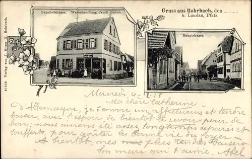 Ak Rohrbach in der Pfalz, Hauptstraße, Bahnhofstraße, Warenhandlung