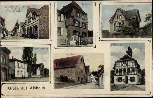 Ak Alsheim in Rheinhessen, Rathaus, Villa Schmitz, Pfarrhaus, Haus Girsberg, Gastwirtschaft