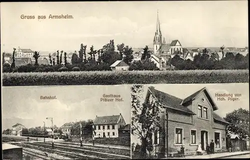 Ak Armsheim in Rheinhessen, Bahnhof, Gleisseite, Gasthaus Pfälzer Hof, Geschäft