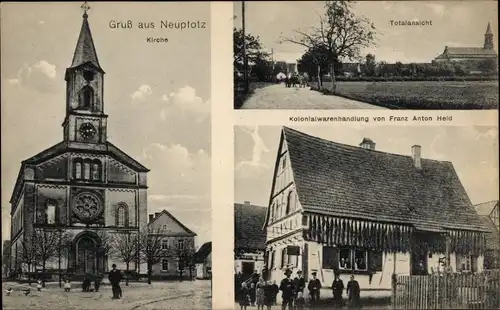 Ak Neupfotz Neupotz in der Pfalz, Kirche, Kolonialwarenhandlung Franz Anton Heid, Gesamtansicht